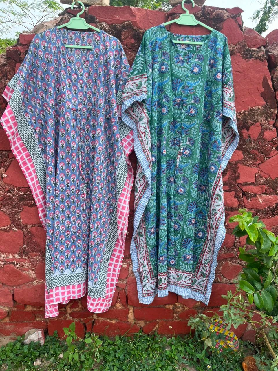 Hand Block Print Cotton Kaftan Dress, Boho Maxi Beach Cover Up, Lounge Wear Nightgown