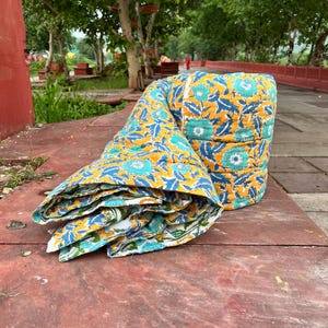 Indian Cotton Hand Block Printed Quilt Blanket, Bedspread Throw Coverlet Razai Soft Beautiful Bed Cover Razai, Floral Print AC Room Blanket,