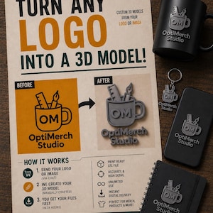 以下が含まれることがあります： OptiMerch Studioの広告で、ロゴから3Dモデルを作成する様子を紹介しています。マグカップ、キーホルダー、ノート、そして「ロゴを3Dモデルに！」というテキストとOptiMerch Studioのロゴが描かれたチラシが写っています。