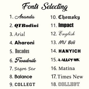 Puede incluir: Un gr&aacute;fico color crema con las palabras "Fonts Selecting" en escritura cursiva. Debajo, una lista numerada de nombres de fuentes, incluyendo "Ananda", "QTBodini", "Arial", "Aharoni", "Ducados", "Froadmile", "Segoe Ser", "Balance" y "COLLECT".