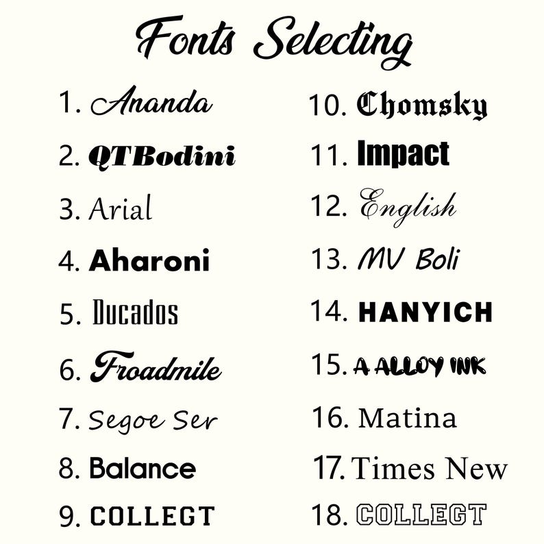 Puede incluir: Un gr&aacute;fico color crema con las palabras "Fonts Selecting" en escritura cursiva. Debajo, una lista numerada de nombres de fuentes, incluyendo "Ananda", "QTBodini", "Arial", "Aharoni", "Ducados", "Froadmile", "Segoe Ser", "Balance" y "COLLECT".