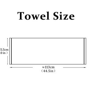 Puede incluir: Diagrama de una toalla rectangular con dimensiones. La toalla mide aproximadamente 25,5 cm (10 pulgadas) de ancho y 113 cm (44,5 pulgadas) de largo. El texto "Towel Size" est&aacute; en la parte superior.