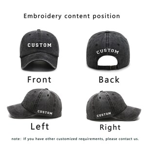 K&ouml;nnte beinhalten: Eine anthrazitfarbene Baseballkappe mit dem Wort "CUSTOM" auf der Vorder-, R&uuml;ck-, linken und rechten Seite gestickt. Das Bild zeigt die Vorder-, R&uuml;ck-, linke und rechte Ansicht der Kappe. Der Text "Embroidery content position" steht oben.