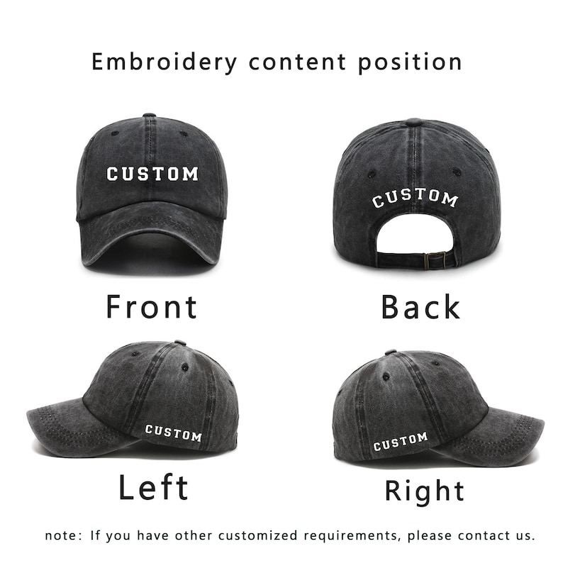 K&ouml;nnte beinhalten: Eine anthrazitfarbene Baseballkappe mit dem Wort "CUSTOM" auf der Vorder-, R&uuml;ck-, linken und rechten Seite gestickt. Das Bild zeigt die Vorder-, R&uuml;ck-, linke und rechte Ansicht der Kappe. Der Text "Embroidery content position" steht oben.