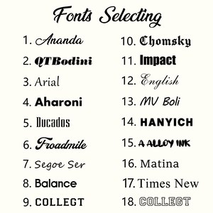 May include: A cream-colored graphic with the words "Fonts Selecting" in cursive script. Below, a numbered list of font names, including "Ananda," "QTBodini," "Arial," "Aharoni," "Ducados," "Froadmile," "Segoe Ser," "Balance," and "COLLECT."