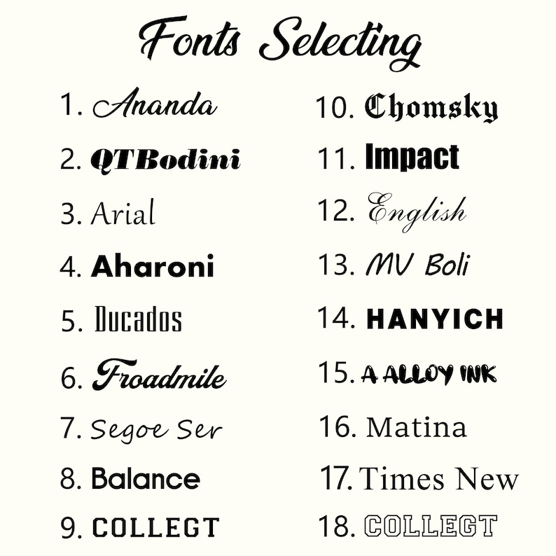 May include: A cream-colored graphic with the words "Fonts Selecting" in cursive script. Below, a numbered list of font names, including "Ananda," "QTBodini," "Arial," "Aharoni," "Ducados," "Froadmile," "Segoe Ser," "Balance," and "COLLECT."