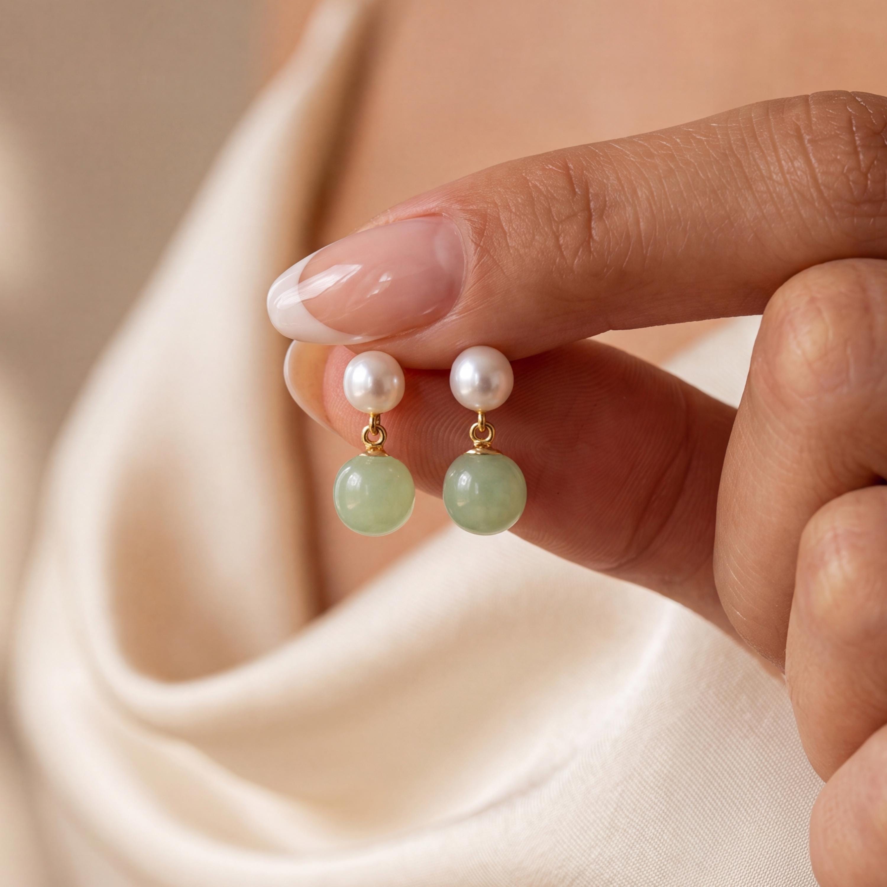 Natural Jade Pearl Earrings,Green Jade Drop Earrings,Green Gemstone Earrings,Mother's Day Gift,Gift for Mom,Minimalist Earrings