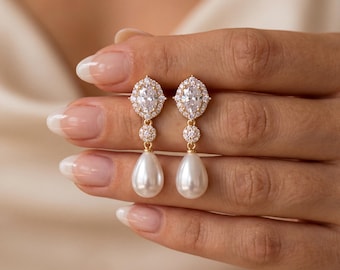 Orecchini di perle e diamanti, orecchini pendenti di perle con zirconi, orecchini da sposa, gioielli da matrimonio, regali per damigelle, regalo per la festa della mamma