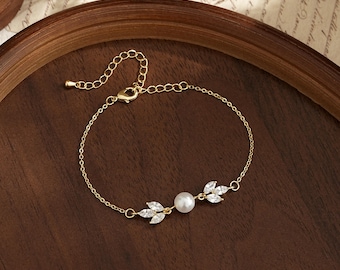 Leaf Diamond Pearl Bracelet,Freshwater Pearl Bracelet,Real Pearl Bracelet,Bridal Bracelets,Bridal Jewelry Set,Bridesmaid Gift