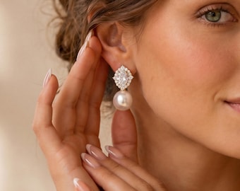 Diamant-Perlen-Ohrringe, Goldperlen-Ohrhänger, Kristall-Brautohrringe, Zirkonia-Diamant-Ohrringe, Brautschmuck, Geschenk für Brautjungfern, Muttertagsgeschenk