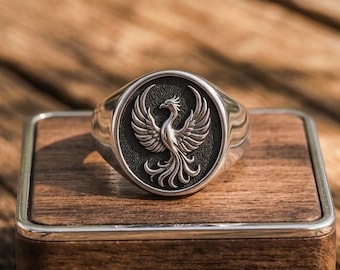 Phönix-Siegelring, Herrenring aus 925er Sterlingsilber mit mythischem Vogelmotiv, Geschenk für ihn