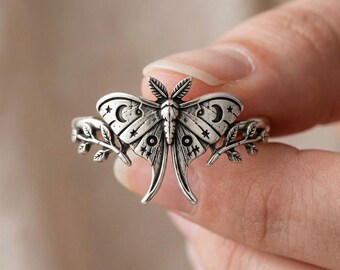 Mottenring, 925er Sterlingsilber, Blätterdesign, Schmetterlingsring, Natur-Insekten-Boho-Schmuck