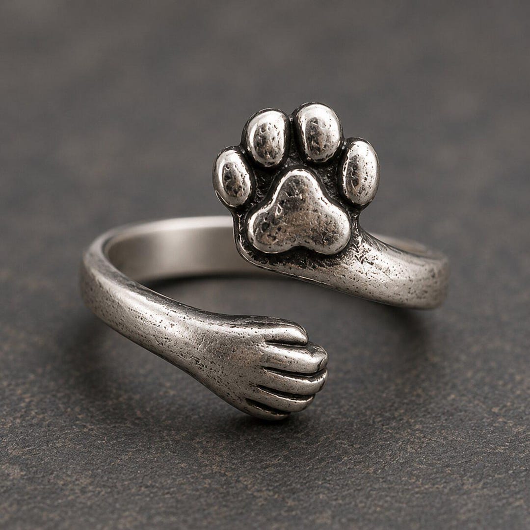 Locking Dog Rings Puppy Dog Paw Hug Ring, Adjustable Sterling Silver Ring, Pet Memorial ...