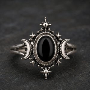 Celestial Ring Svart Onyx Ädelsten, 925 Sterling Silver Boho Månring, Häxsmycken, Gåva