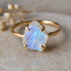 Raw Moonstone Ring, 18k Gold Plated, 925 Sterling Silver, Handmade Raw Gemstone Jewelry, Gift