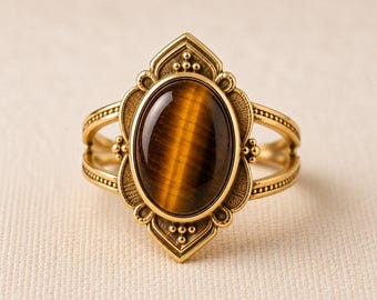 Tiger Eye Statement Ring, Gold Plated 925 Sterling Silver Vintage Inspired Gemstone Ring, Gift