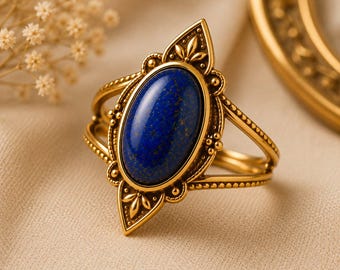 Lapis Lazuli Designer Statement Ring, Gold Plated 925 Silver Women's Wedding Ring, Gift Her