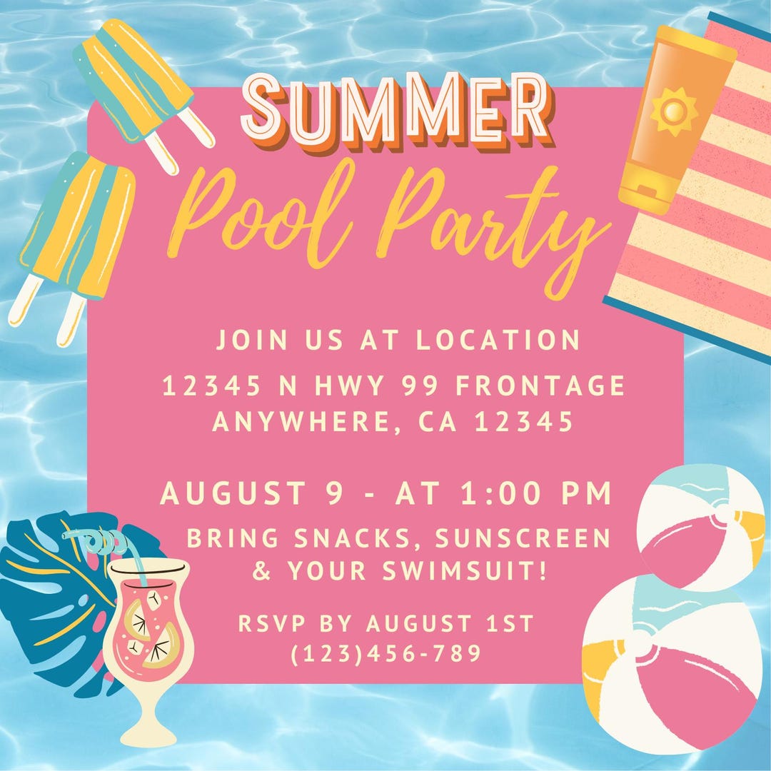 Pool Party Invitation – Summer Printable Invite, Water Background, Fun ...