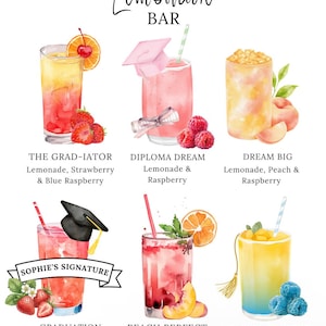 Può includere: Illustrazione ad acquerello di un menu bar di limonata. Il menu presenta sei diverse limonate con nomi come "The Grad-iator" e "Diploma Dream". Ogni bevanda è raffigurata in un bicchiere con guarnizioni come frutta e cannucce. Il testo "Lemonade BAR" è in alto.