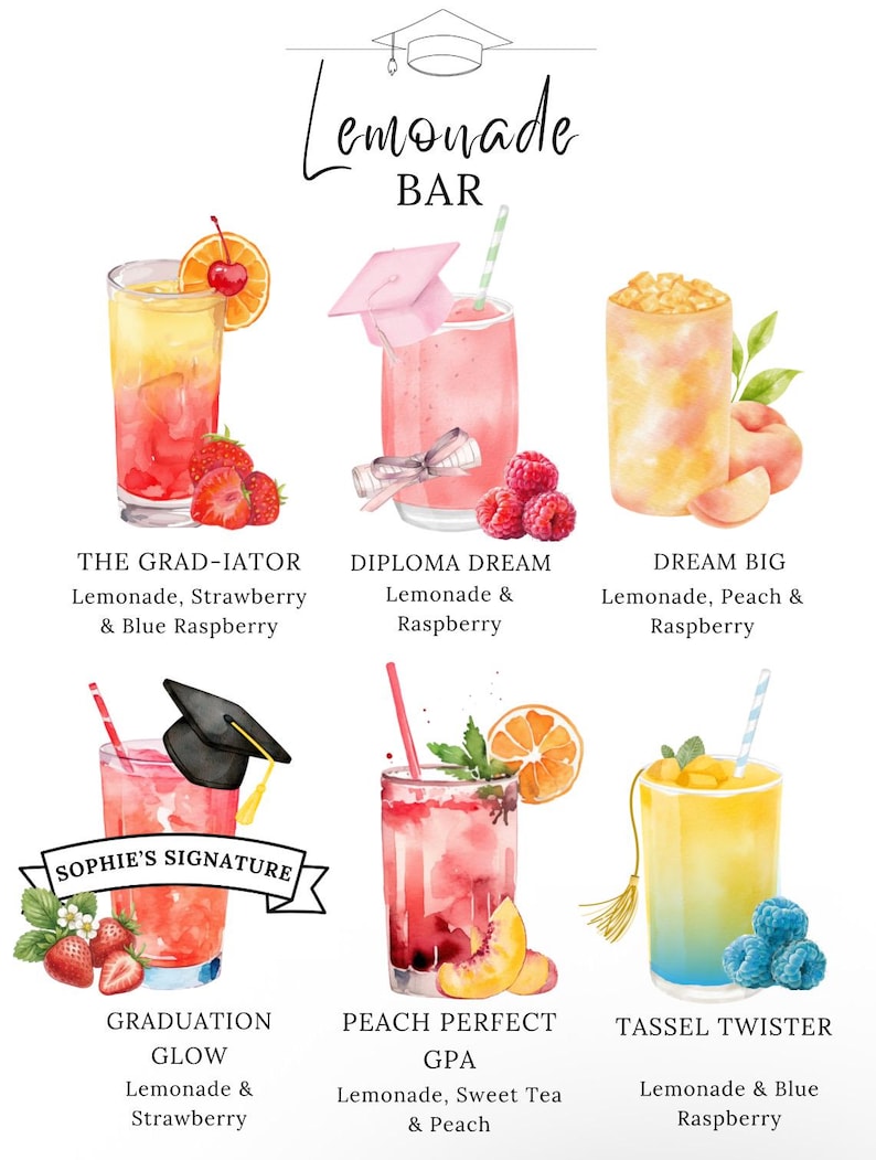 以下が含まれることがあります： レモネードバーのメニューの水彩イラスト。メニューには、「The Grad-iator」や「Diploma Dream」などの名前が付いた6種類のレモネードが掲載されています。各ドリンクは、フルーツやストローなどの飾りと一緒にグラスで表現されています。「Lemonade BAR」の文字が上部にあります。