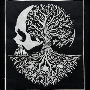 May include: Black patch featuring a white design of a skull morphing into a tree. The tree's roots include three skulls. The design is bordered by a white stitched edge.