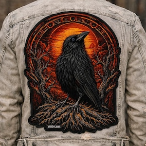 Raven Crow Embroidered Patch, Gothic Large Bird Applique, Dark Fantasy Biker Jacket Vest Patch