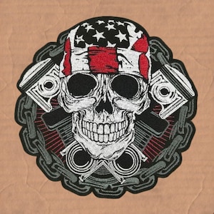 Grote geborduurde ketting schedel appliqué, opstrijkbare achterkant motorfiets, accessoire motorjack