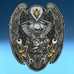 May include: An embroidered patch featuring a detailed bald eagle with spread wings, centered behind a silver motorcycle engine. The eagle has a yellow beak and holds two silver wrenches in its yellow talons, all outlined in white thread.