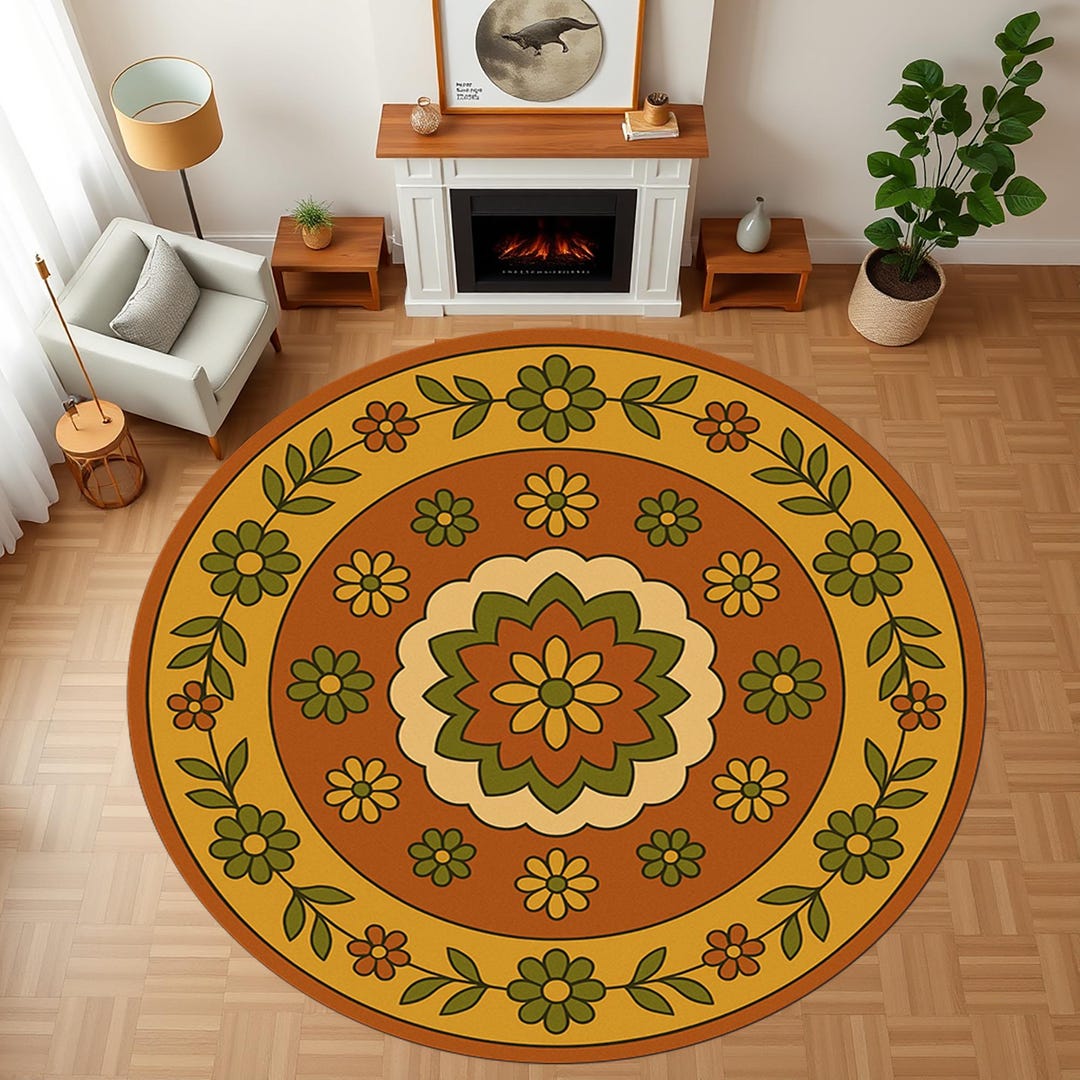 Retro 70s Style Round Rug: Geometric Print, Non-slip Polyester - Etsy