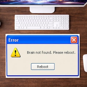Op de afbeelding: Een rechthoekig digitaal foutmeldingsvenster met een blauwe kop en een witte achtergrond. De tekst luidt Error, Brain not found. Please reboot. Een gele driehoek met een uitroepteken en een Reboot-knop zijn in het midden zichtbaar.