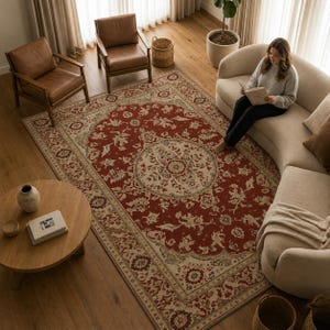 May include: A large, rectangular red area rug with an intricate floral pattern and a central medallion design. The rug features a cream-colored border and accents, creating a traditional and elegant aesthetic. The rug is placed in a living room setting.