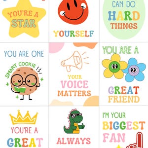 Può includere: Una collezione di nove biglietti colorati con frasi e illustrazioni motivazionali. I biglietti presentano frasi come "You're a Star", "Believe in Yourself" e "You Can Do Hard Things". Ogni biglietto ha un design unico con colori vivaci e caratteri giocosi.