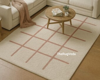 Pink Line Check Wool Rug – Cozy Living Room Carpet – Soft Minimal Modern Area Rug for Home Decor | Beige and Pink Rug