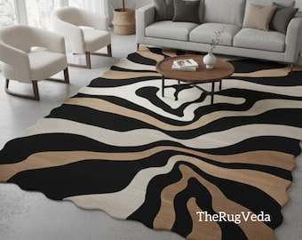 Alfombra abstracta ondulada de lana tejida a mano / Alfombra irregular en negro y beige / Alfombra de lujo para la decoración del salón