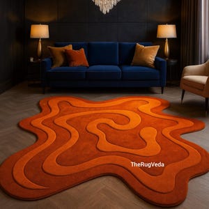 Hand Tufted 3D Wavy Retro Orange Wool Rug | Irregular High-Low Area Rug | 70s Modern Home Decor