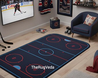 Handgetufteter Eishockey Feldteppich aus Wolle für Jungen Spielzimmer, Jugendstil Schlafzimmer & Hockeyliebhaber Geschenk
