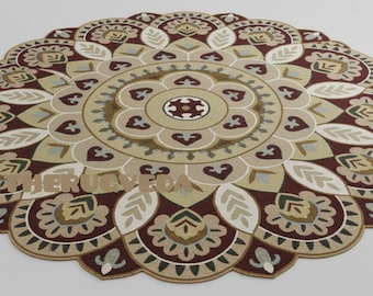 May include: Circular rug with a detailed floral mandala design. The rug features a color palette of burgundy, beige, and cream, with intricate patterns and a scalloped edge. The rug is suitable for home decor.