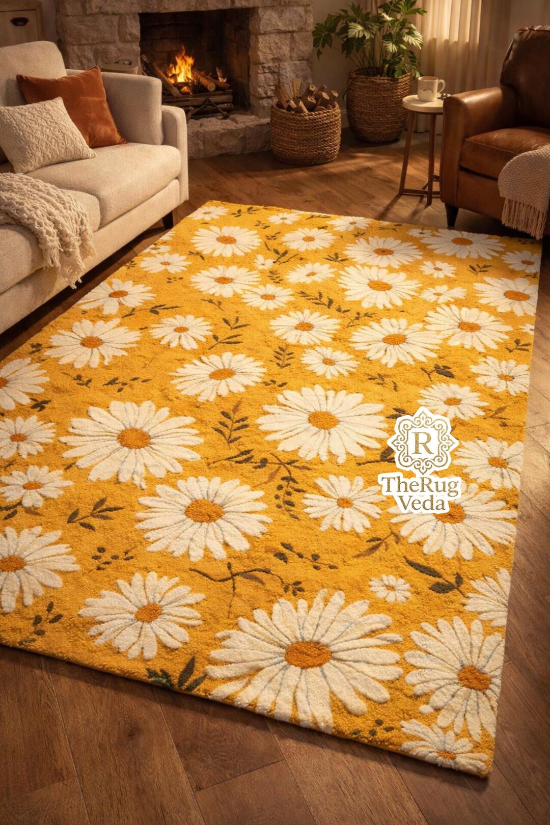 Handtufted Daisy Floral Rug | Yellow Flower Wool Carpet | Cozy Living ...