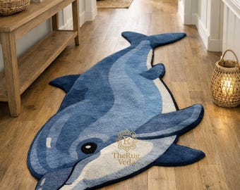 Handmade Dolphin Shaped Rug | Blue Ocean Animal Rug | Kids Bedroom Decor | Coastal Nursery Floor Mat