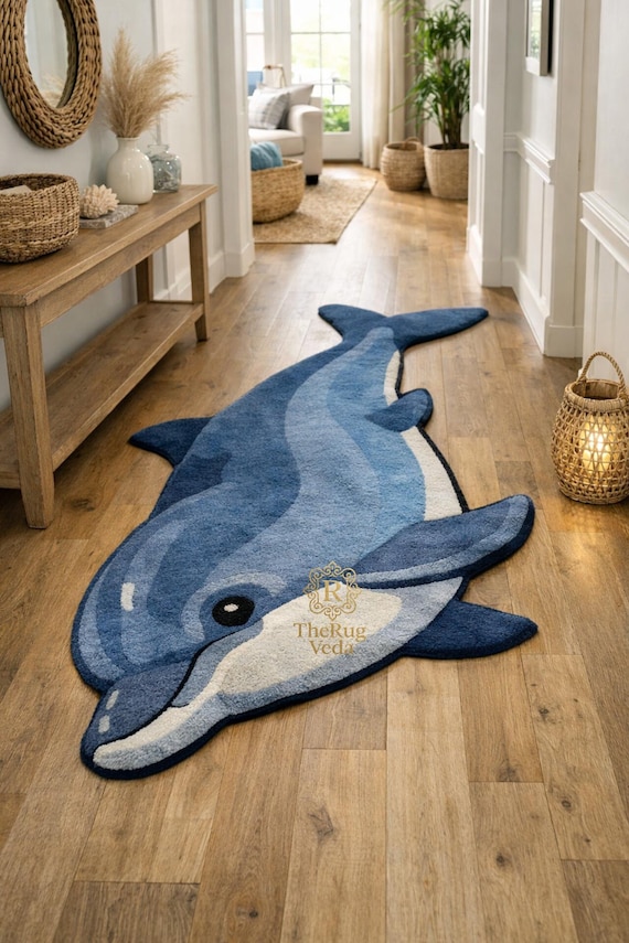 Hand Tufted Dolphin Wool Rug, Coastal Animal Area Rug, Nursery