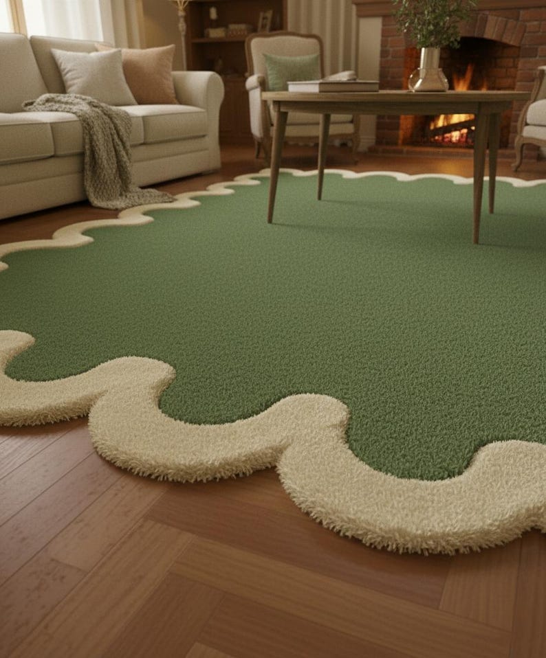 May include: A green area rug with a wavy, cream-colored border. The rug is placed on a hardwood floor and is in a living room setting. The rug's design adds a soft, textured element to the room's decor.
