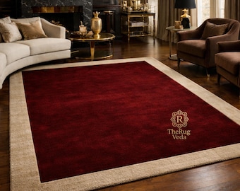 Effen bordeauxrood wollen vloerkleed | Handgetuft dieprood luxe tapijt met beige rand
