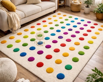 Hand Tufted Colorful Dot Rug, Polka Dot Kids Rug, Modern Playroom Carpet, Nursery & Living Room Decor