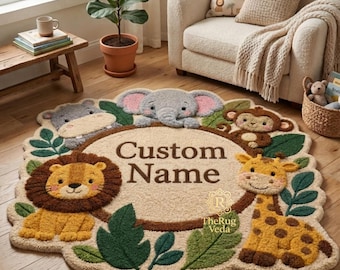 Personalized Safari Animal Wool Rug | Custom Name Kids Rug | Hand Tufted Jungle Nursery Decor