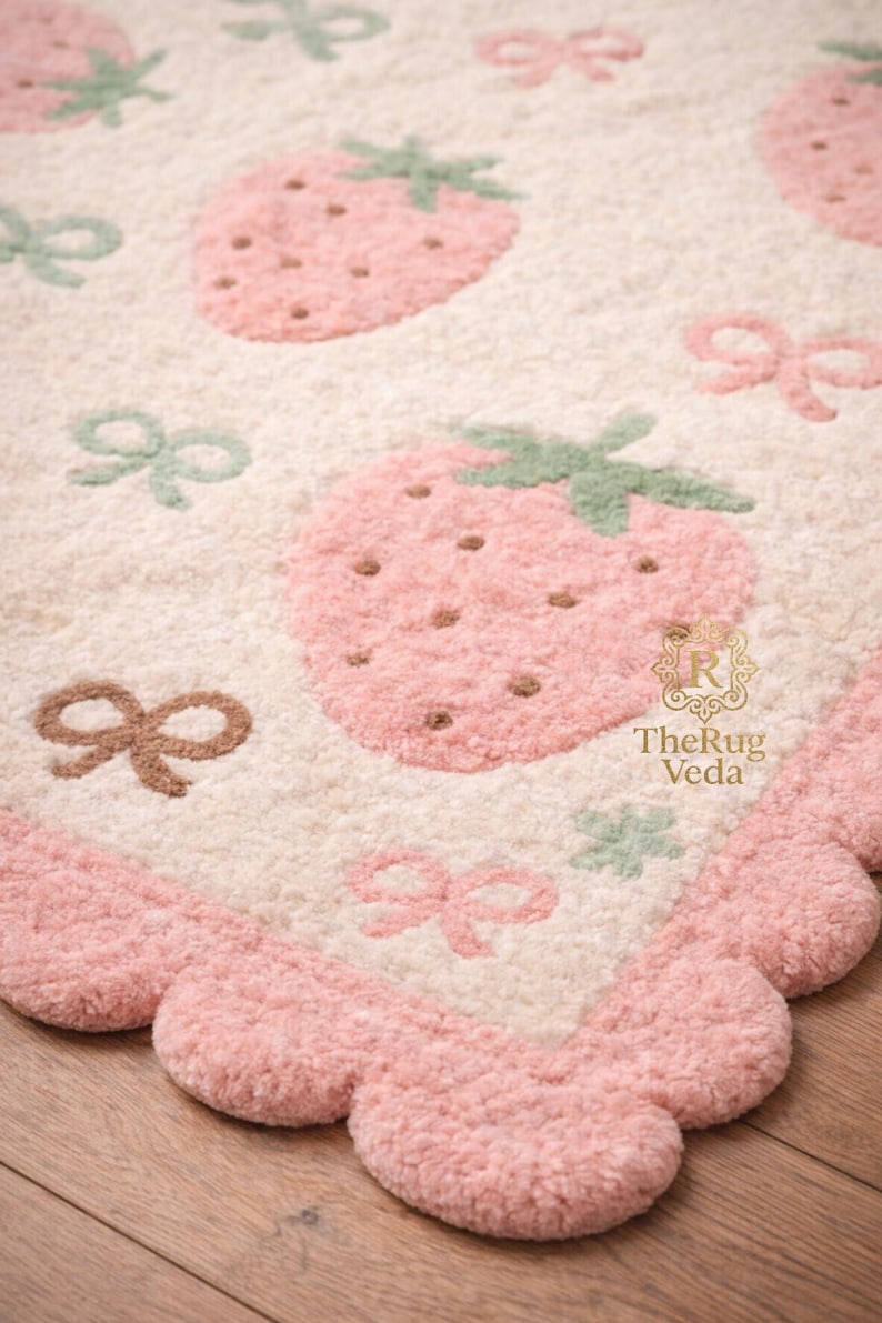Strawberry Colored Rug Handtufted Strawberry Wool Rug | Cute Scalloped Pink Kids Rug, Soft ...