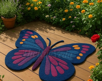 Handtufted Butterfly Wool Rug | Colorful Artistic Nature Carpet | Nursery Home Decor Rug