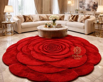 Hand Tufted Red Rose Wool Rug, Sculpted Floral Area Rug