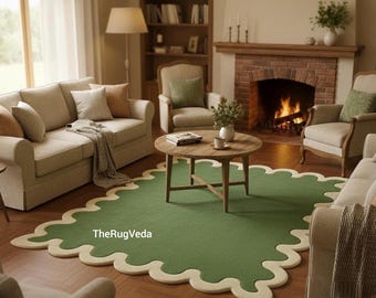 Hand Tufted Olive Green Wool Rug, Scalloped Edge Area Rug