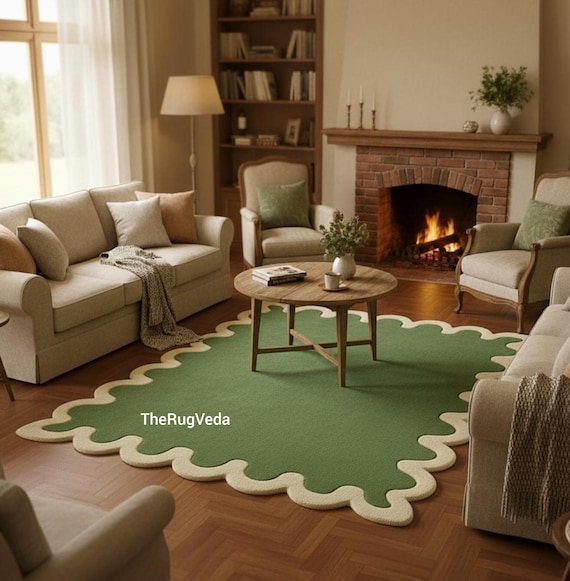 Hand Tufted Olive Green Wool Rug, Scalloped Edge Area Rug, Modern Decor