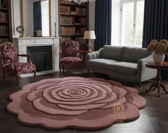 Alfombra de lana tejida a mano con forma de rosa, alfombra floral de lujo, tamaño personalizado.